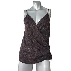 MANGO MNG Glitter Ruched Cami Red Faux Wrap Top Size Large Glam Y2k NEW NYE